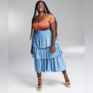 GooGoo Atkins Trendy Plus Size Tiered Chambray Ruffle Denim Maxi Skirt